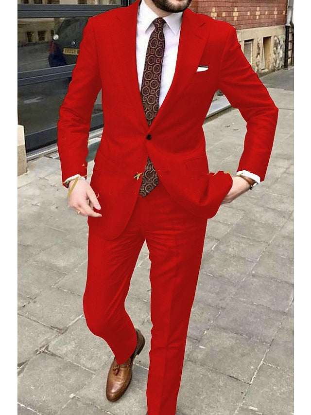 Men's Tailored Fit Single Breasted Two-buttons 2 Pieces Wedding Suits Red
