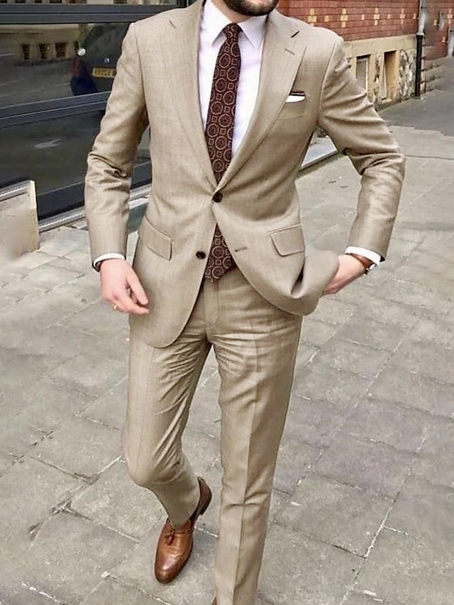Men's Tailored Fit Single Breasted Two-buttons 2 Pieces Wedding Suits Khaki