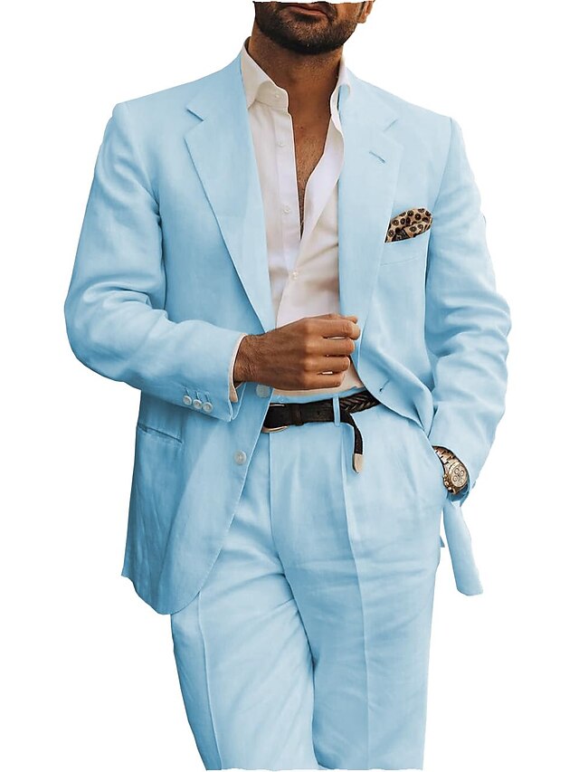 Men's Tailored Fit Single Breasted Two-buttons 2 Pieces Linen Suits Sky Blue