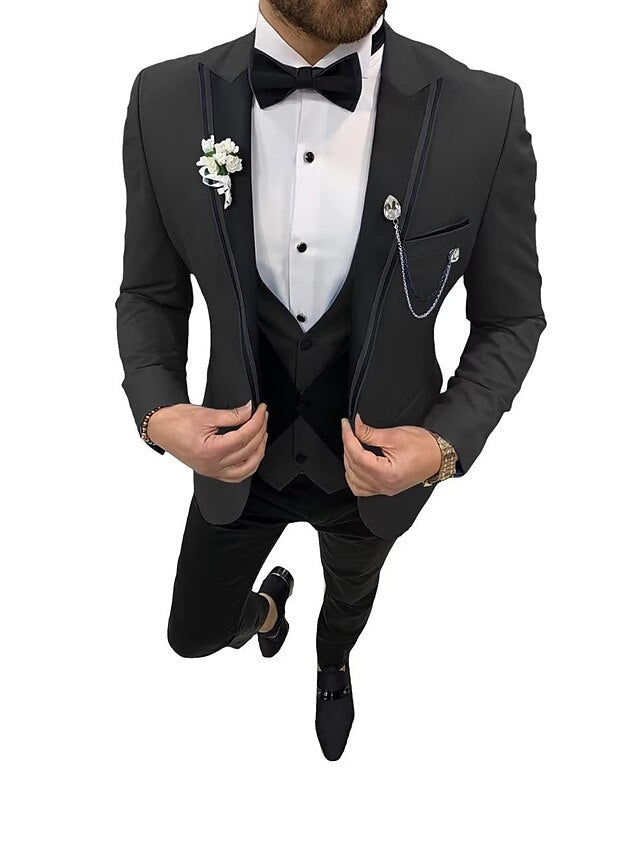 Men's Tailored Fit Single Breasted One-button 3 Pieces Wedding Suits Black