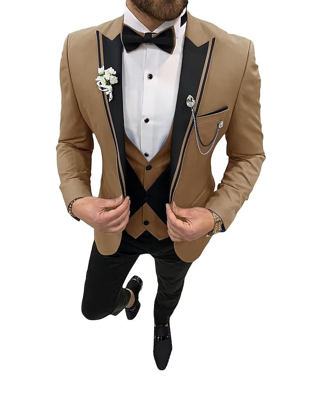 Men's Tailored Fit Single Breasted One-button 3 Pieces Wedding Suits Khaki