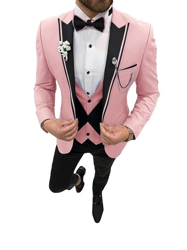 Men's Tailored Fit Single Breasted One-button 3 Pieces Wedding Suits Pink