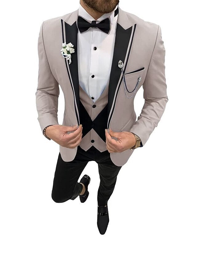 Men's Tailored Fit Single Breasted One-button 3 Pieces Wedding Suits Beige