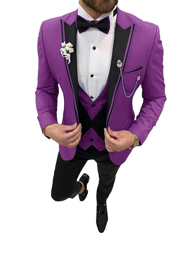 Men's Tailored Fit Single Breasted One-button 3 Pieces Wedding Suits Purple