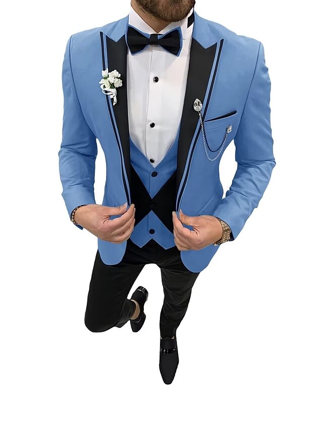 Men's Tailored Fit Single Breasted One-button 3 Pieces Wedding Suits Light Blue
