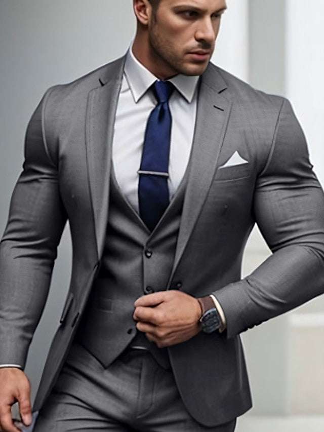 Men's Tailored Fit Single Breasted Two-buttons 3 Pieces Wedding Suits Gray