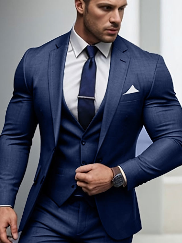 Men's Tailored Fit Single Breasted Two-buttons 3 Pieces Wedding Suits Blue
