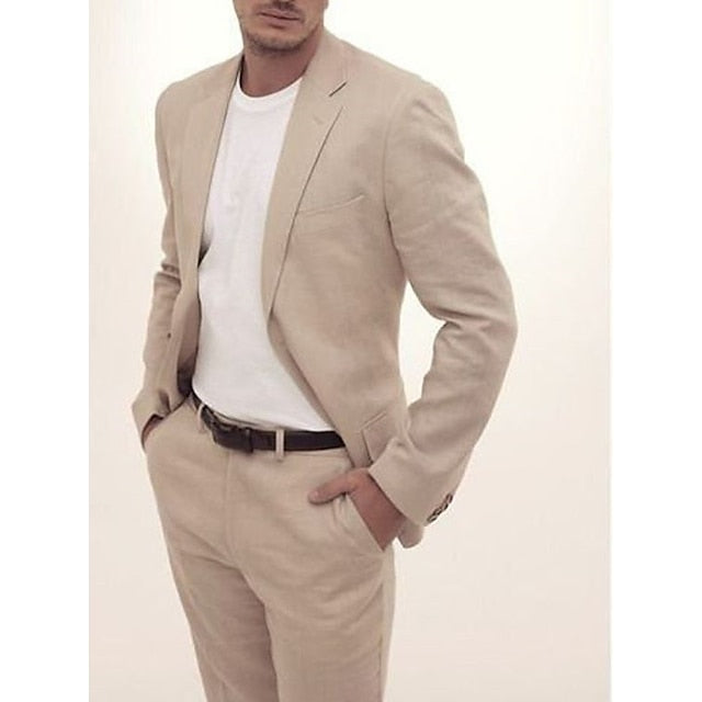 Men's Tailored Fit Single Breasted Two-buttons 2 Pieces Linen Suits Beige