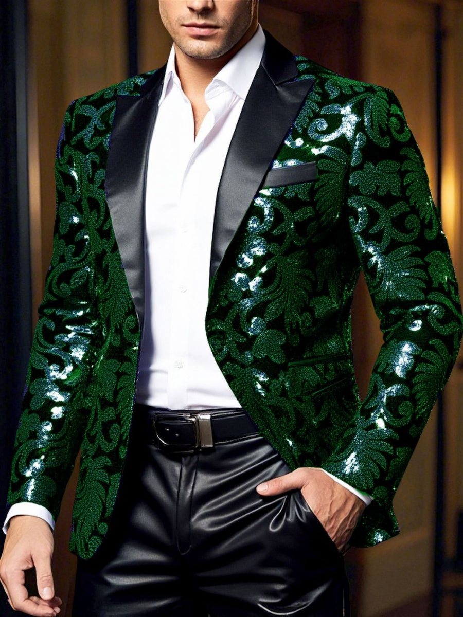 Men's Standard Fit Single Breasted One-button Party Jacket Sequins Green