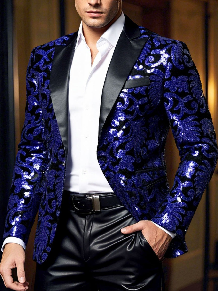 Men's Standard Fit Single Breasted One-button Party Jacket Sequins Blue