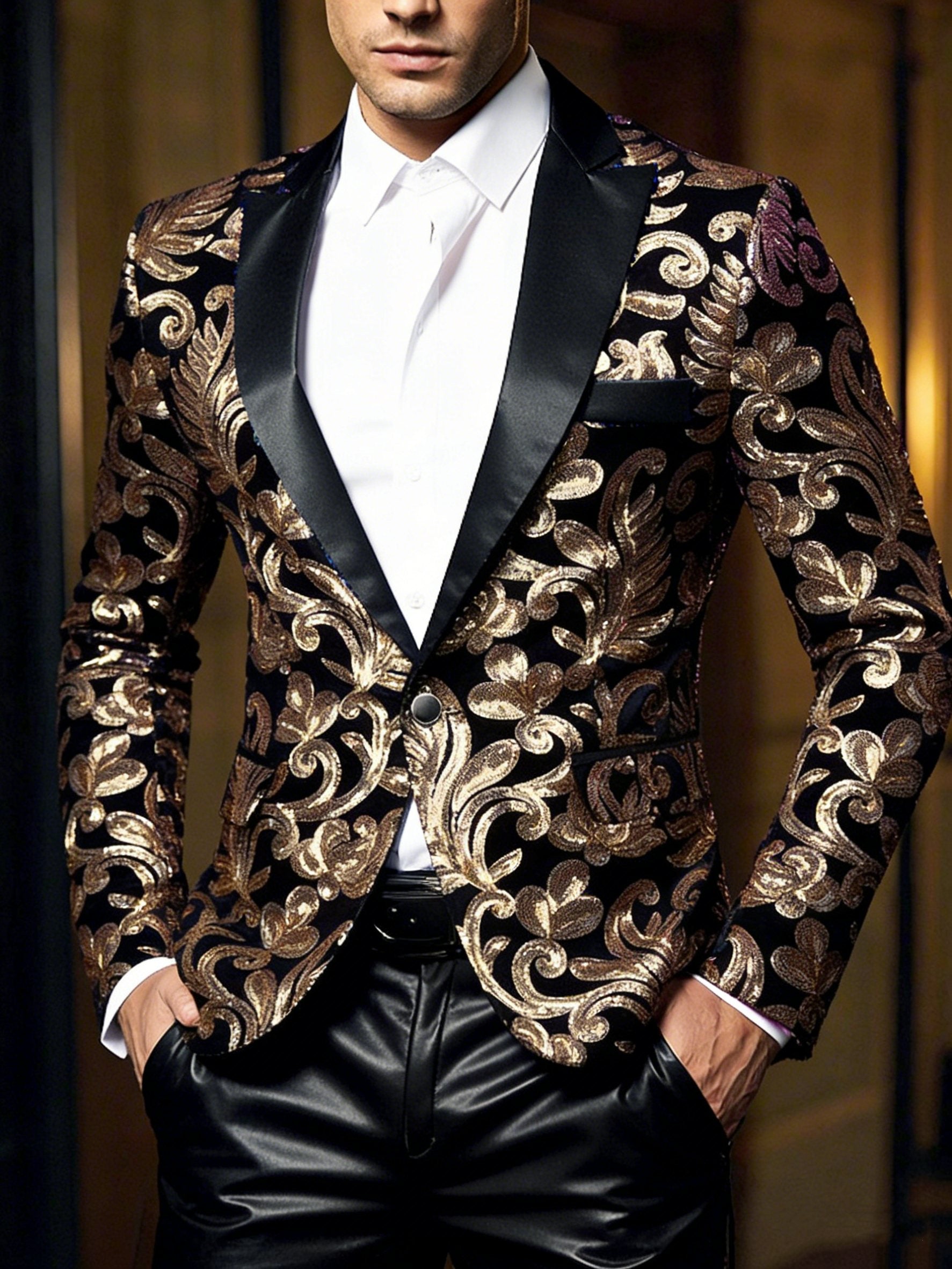 Men's Standard Fit Single Breasted One-button Party Jacket Sequins Gold