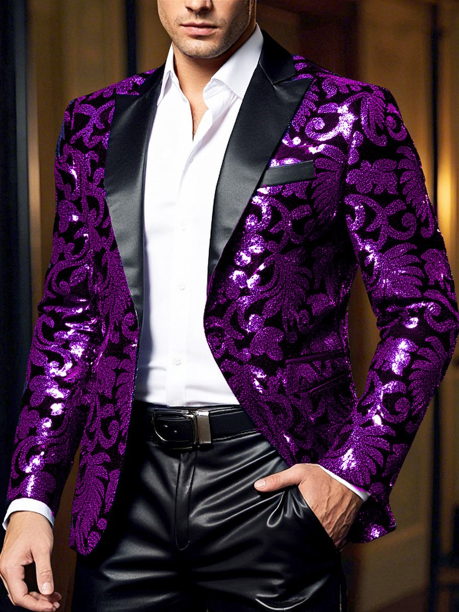 Men's Standard Fit Single Breasted One-button Party Jacket Sequins Purple