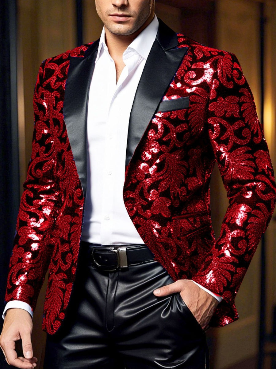 Men's Standard Fit Single Breasted One-button Party Jacket Sequins Red