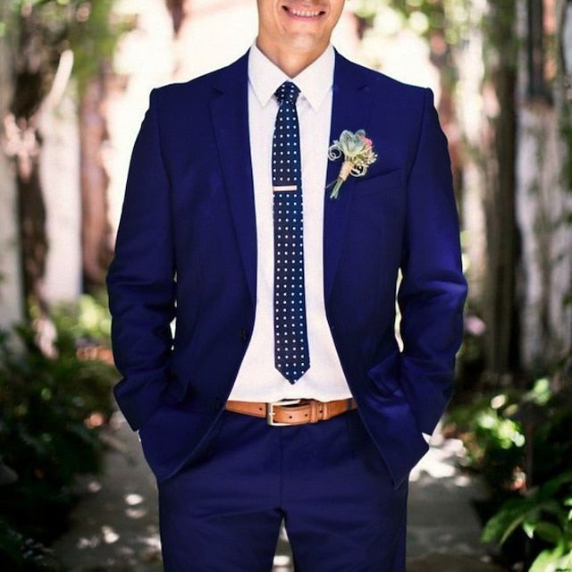 Men's Tailored Fit Single Breasted Two-buttons 2 Pieces Wedding Suits Royal Blue