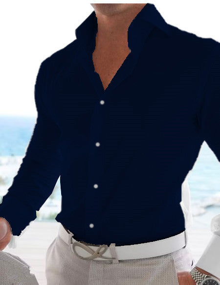 Men's Casual Cotton Linen Long Sleeves Solid Color Shirt Dark Navy
