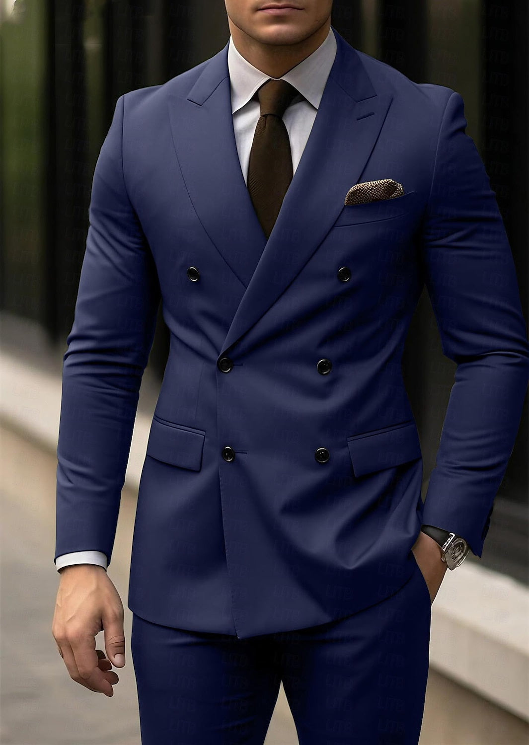 Men's Tailored Fit Double Breasted Six-buttons 2 Pieces Light Grey Formal Suit Wedding Suits Dark Blue