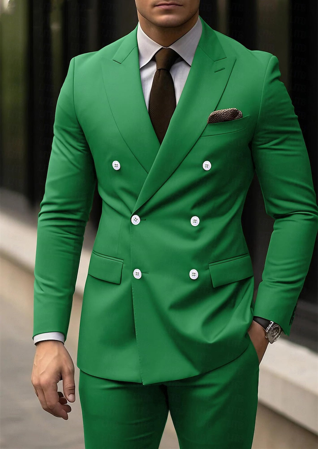 Men's Tailored Fit Double Breasted Six-buttons 2 Pieces Light Grey Formal Suit Wedding Suits Lime Green