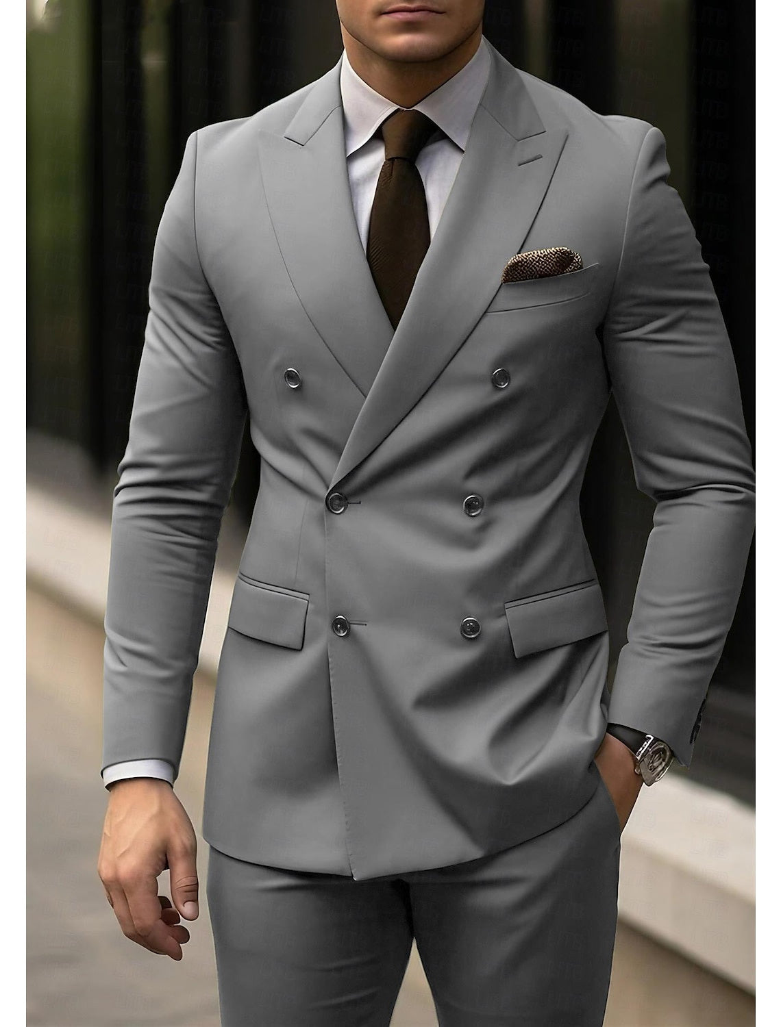 Men's Tailored Fit Double Breasted Six-buttons 2 Pieces Light Grey Formal Suit Wedding Suits Light Gray