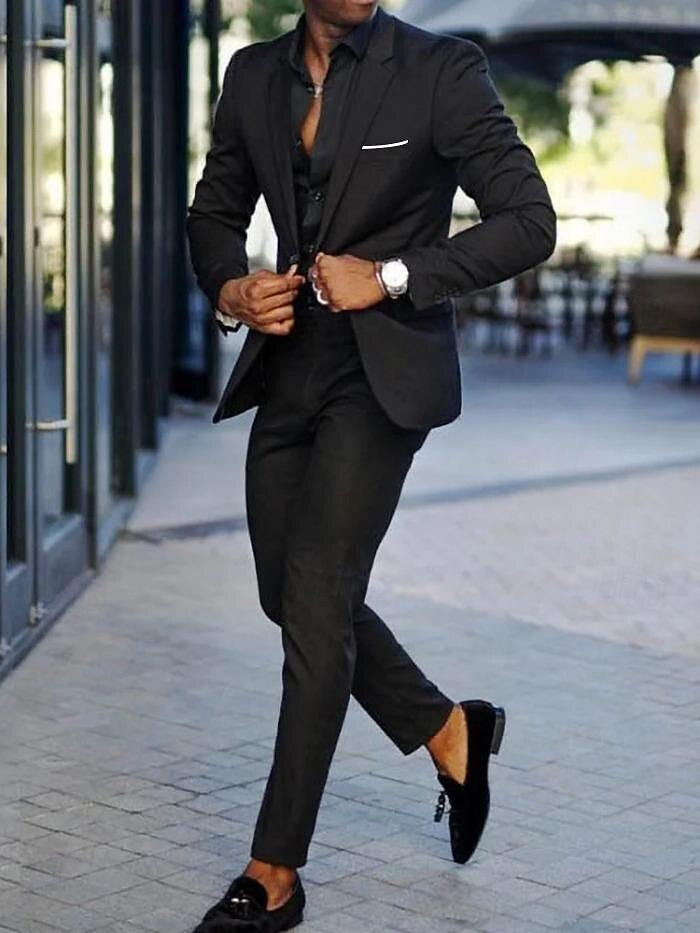 Men's Tailored Fit Single Breasted One-button 2 Pieces Fashion Wedding Suits Black