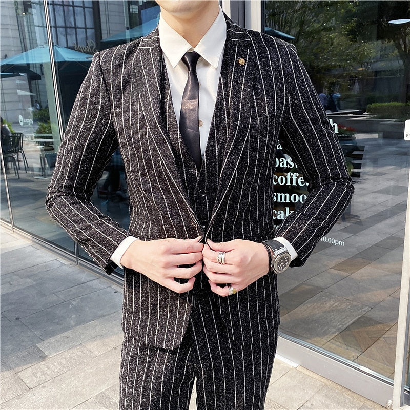 Men's Tailored Fit Single Breasted One-button 3 Pieces Black Ivory Wedding Suits Black