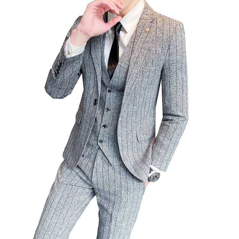 Men's Tailored Fit Single Breasted One-button 3 Pieces Black Ivory Wedding Suits Light Grey