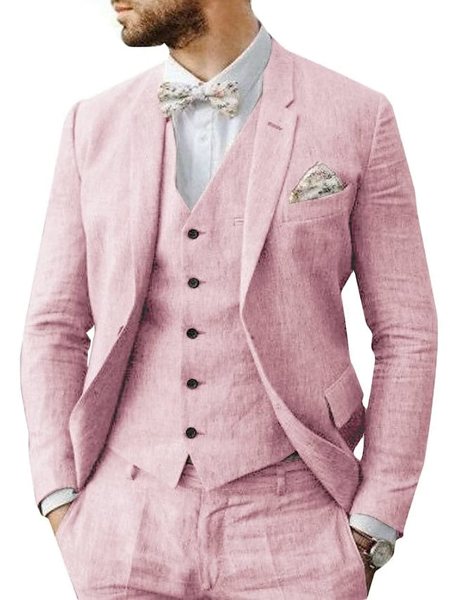 Men's Linen Tailored Fit Single Breasted Two-buttons 3 Pieces Wedding Suits Pink