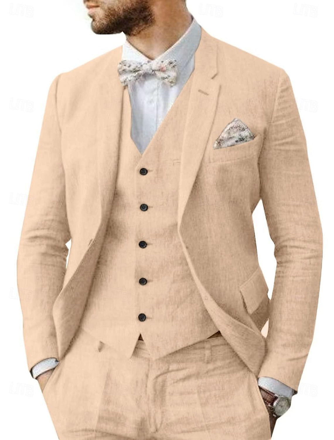 Men's Linen Tailored Fit Single Breasted Two-buttons 3 Pieces Wedding Suits Champagne