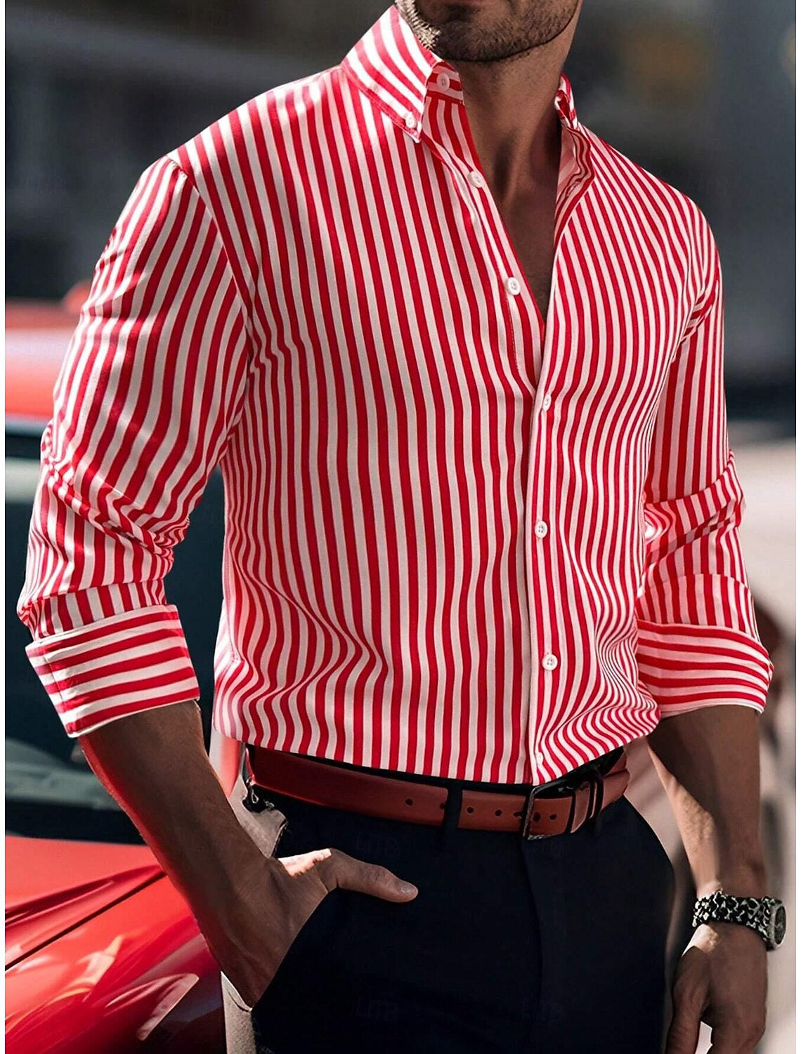 Men's Casual Cotton Blend Long Sleeves Stripes Shirt Red