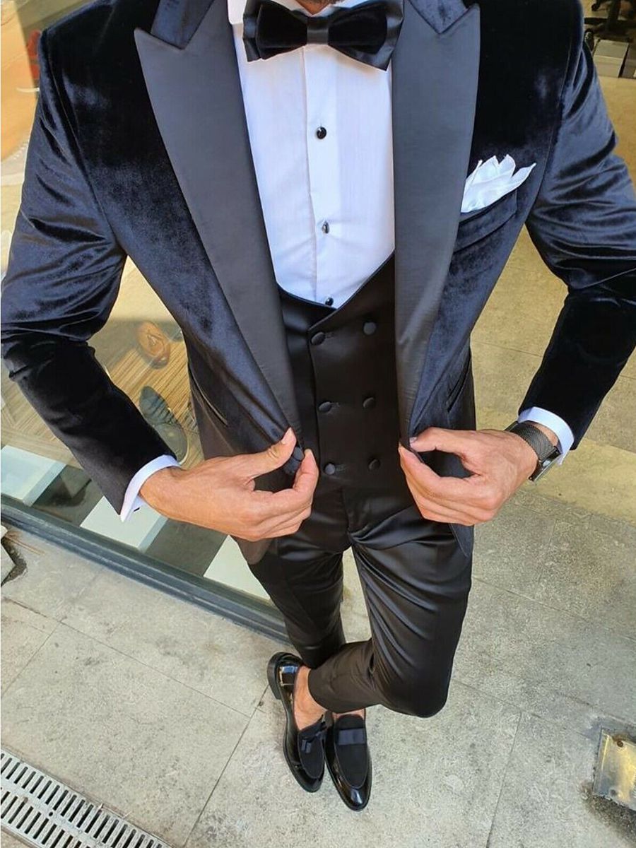 Black Blue Burgundy Men's Vintage Party Velvet Solid Regular Single Breasted One-button Jacket Black