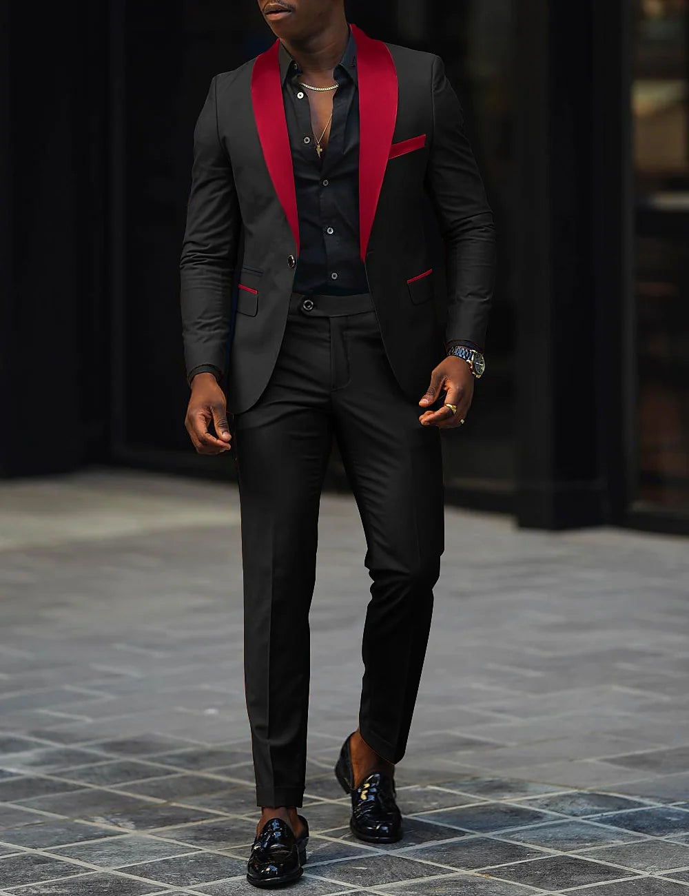 Dark Gray Men's Tailored Fit Single Breasted One-button 2 Pieces Prom Wedding Suits Red