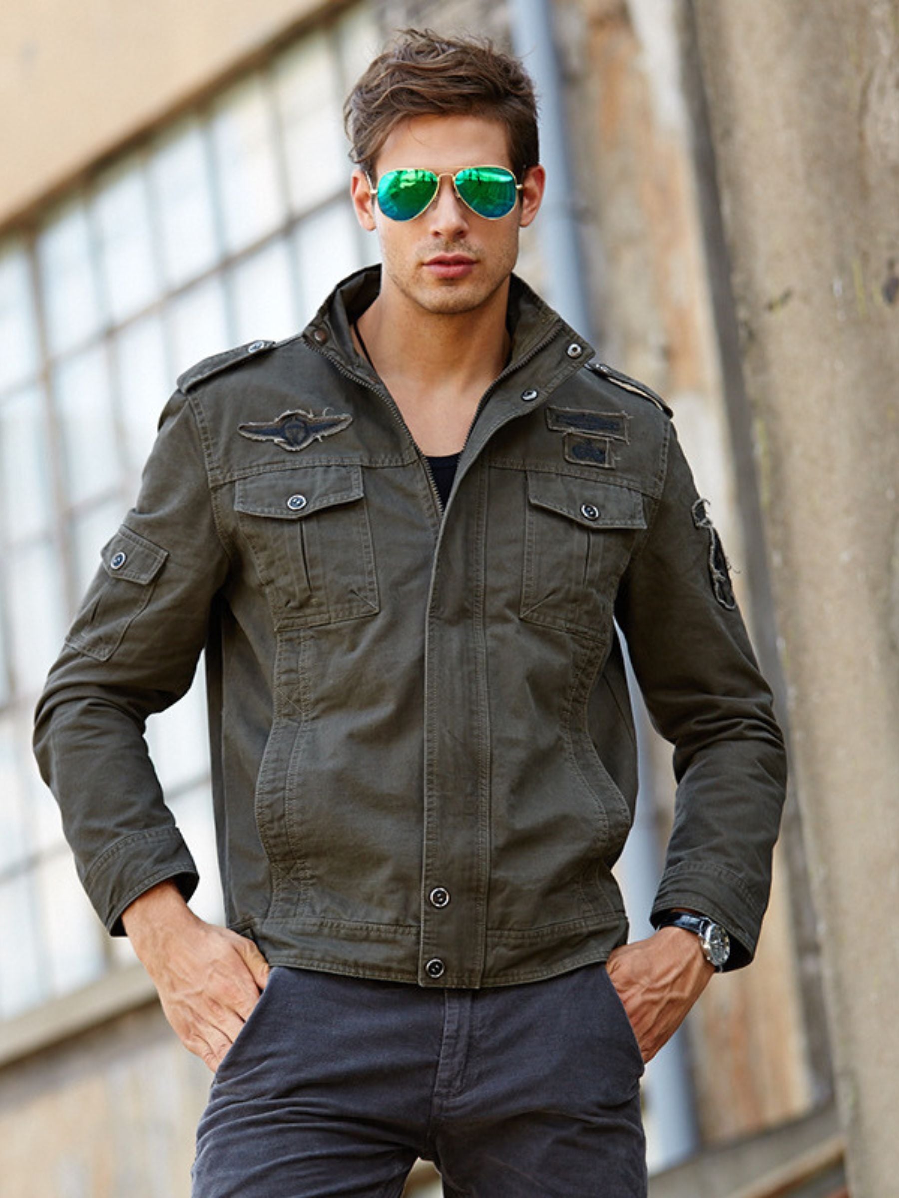 Men's Suit Fine Embroidery Tight Fit Breathable Comfort Warm Cotton Jacket Army Green