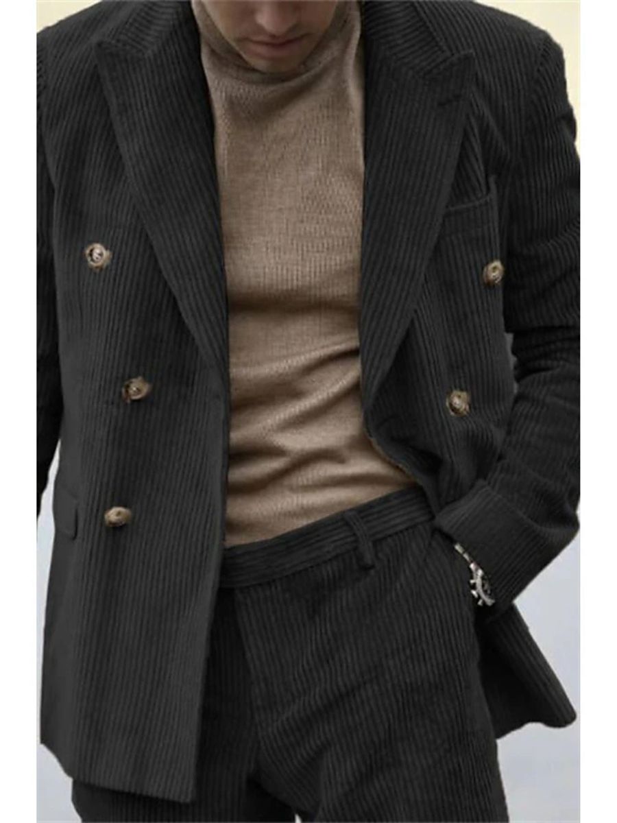 Sage Men's Corduroy Peak Neck Regular Single Double Breasted Six-Buttons Party Suits Jacket Black