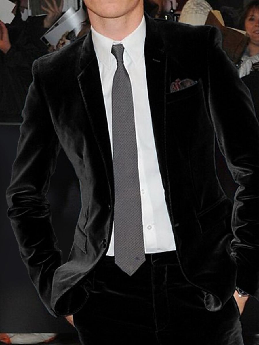 Burgundy Men's Velvet Single Breasted Two-Buttons Solid Wedding Party Suit Jacket Black