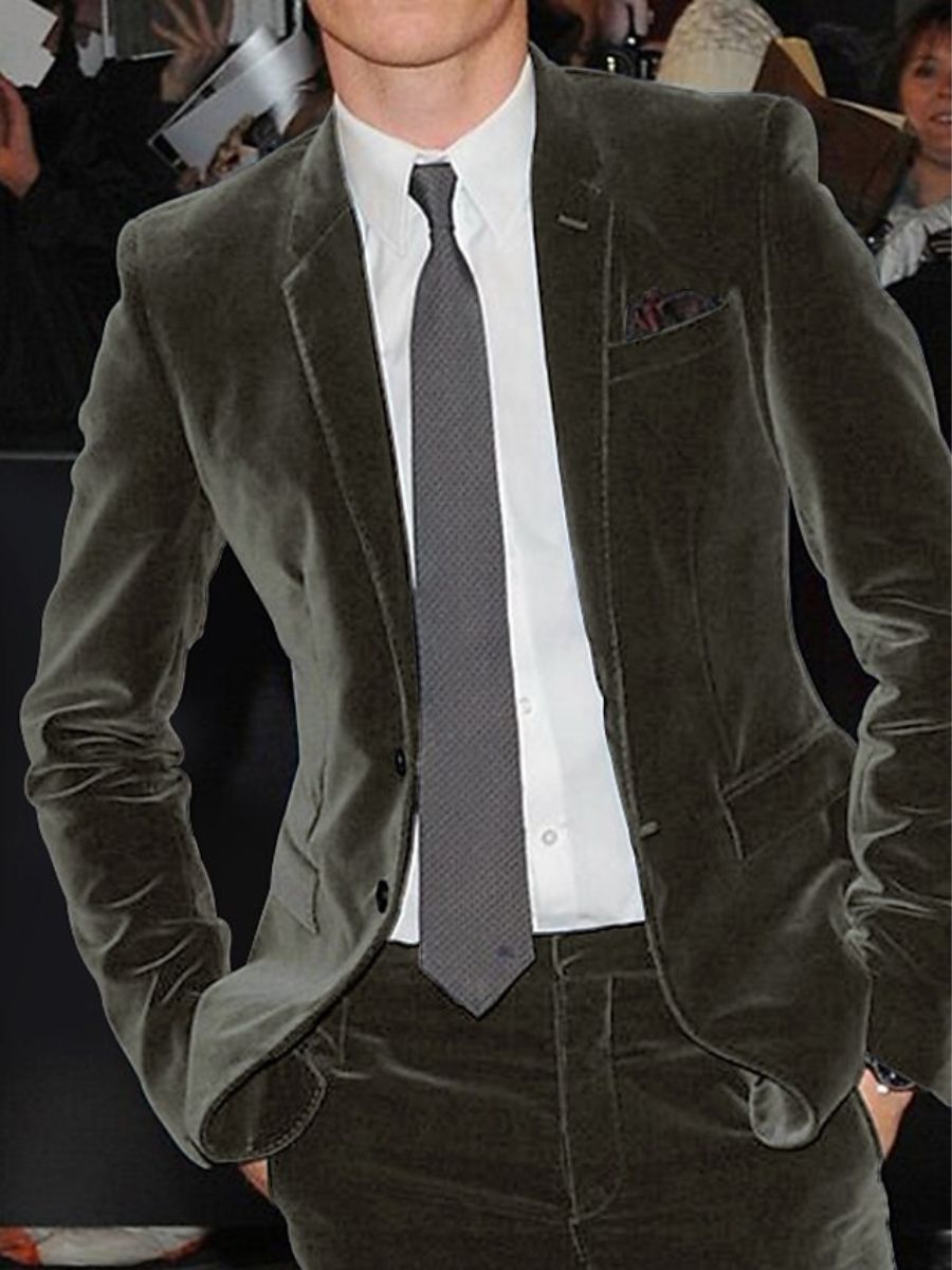 Burgundy Men's Velvet Single Breasted Two-Buttons Solid Wedding Party Suit Jacket Gray