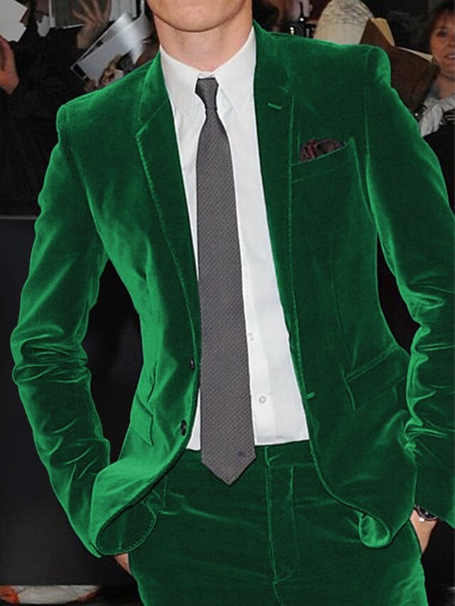 Burgundy Men's Velvet Single Breasted Two-Buttons Solid Wedding Party Suit Jacket Green