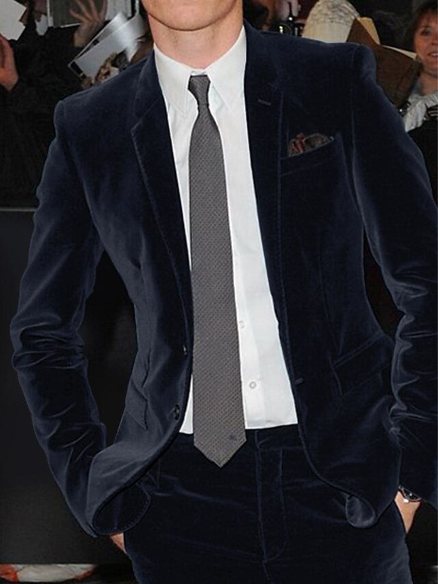 Burgundy Men's Velvet Single Breasted Two-Buttons Solid Wedding Party Suit Jacket Navy Blue
