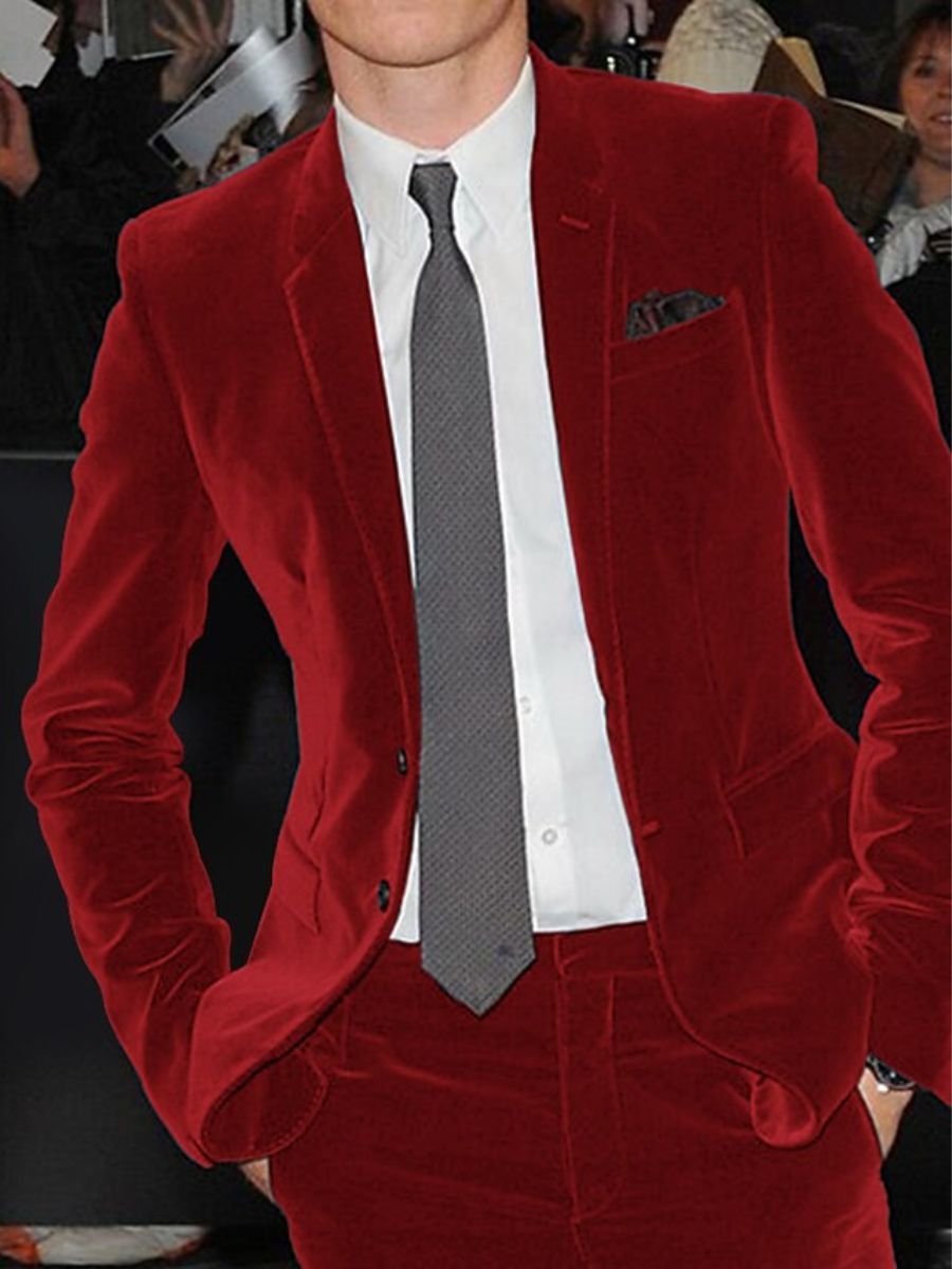 Burgundy Men's Velvet Single Breasted Two-Buttons Solid Wedding Party Suit Jacket Red