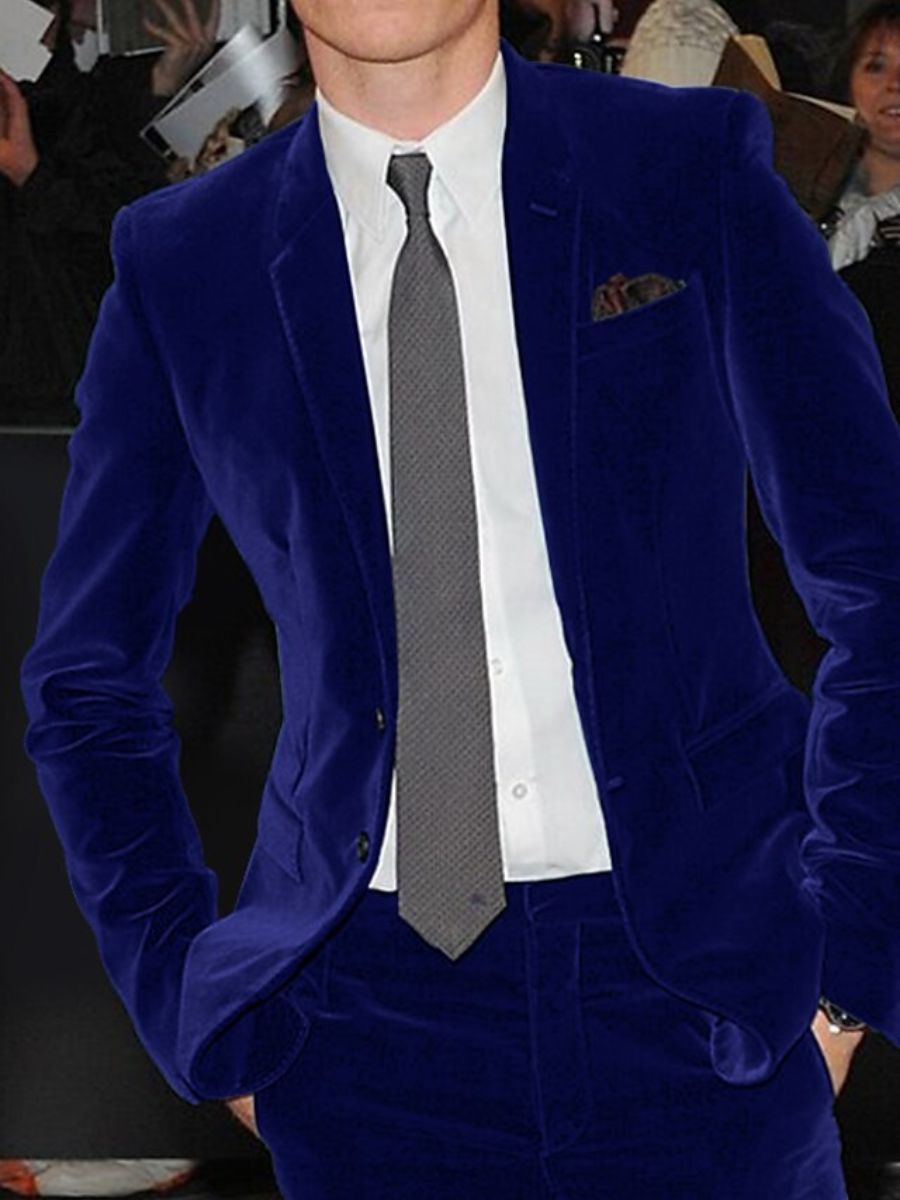 Burgundy Men's Velvet Single Breasted Two-Buttons Solid Wedding Party Suit Jacket Royal Blue