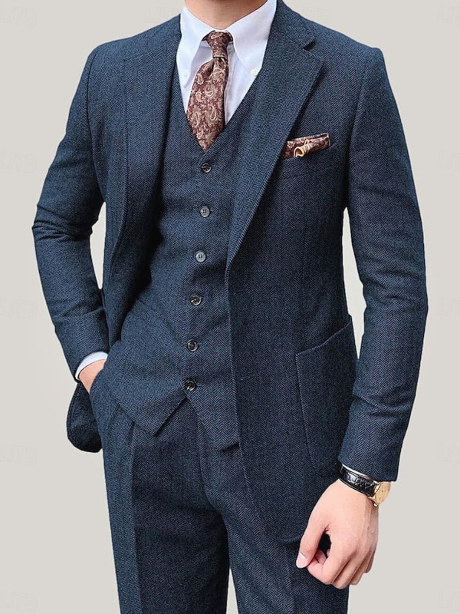 Brown Men's Party 3 Pieces Single Breasted Two-Buttons Wedding Daily Suits Blue