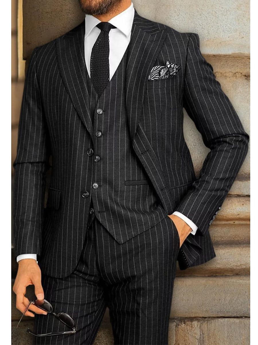 Black Men's Peak Single Breasted Two-Buttons Wedding Party Striped Suits Black
