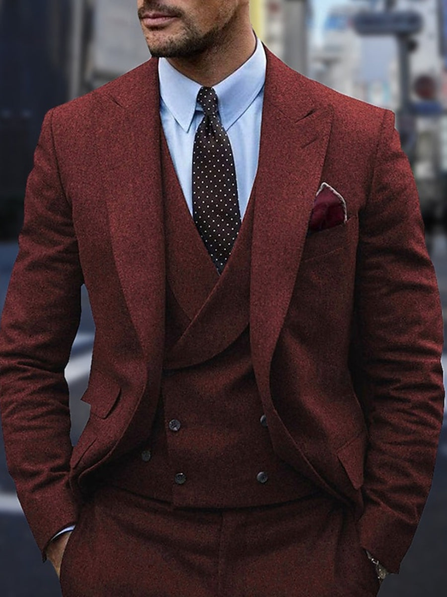 Dark Gray Men's Peak Tweed Single Breasted Two-Buttons Wedding Suits Burgundy