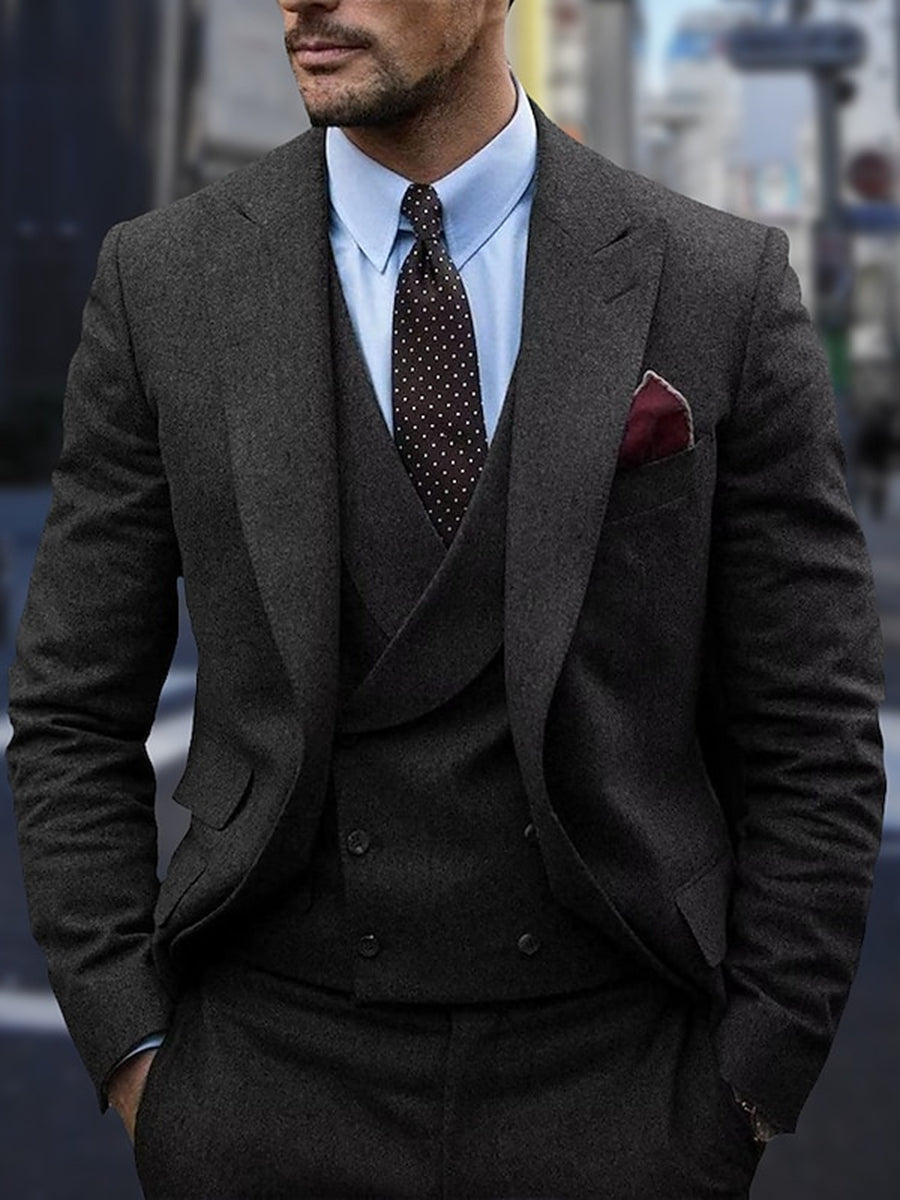 Dark Gray Men's Peak Tweed Single Breasted Two-Buttons Wedding Suits Dark Gray