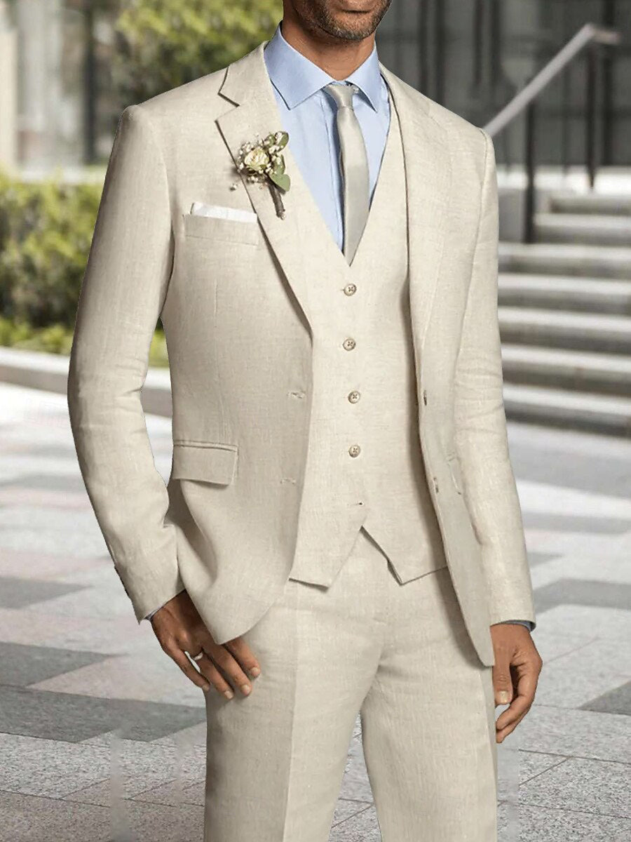 Men's Formal Standard Fit Single Breasted Two-Buttons 3 Pieces Beach Wedding Suits Beige