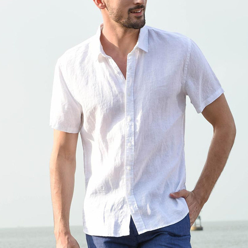 Men's Casual Short Sleeves Solid Color Cotton Shirt White