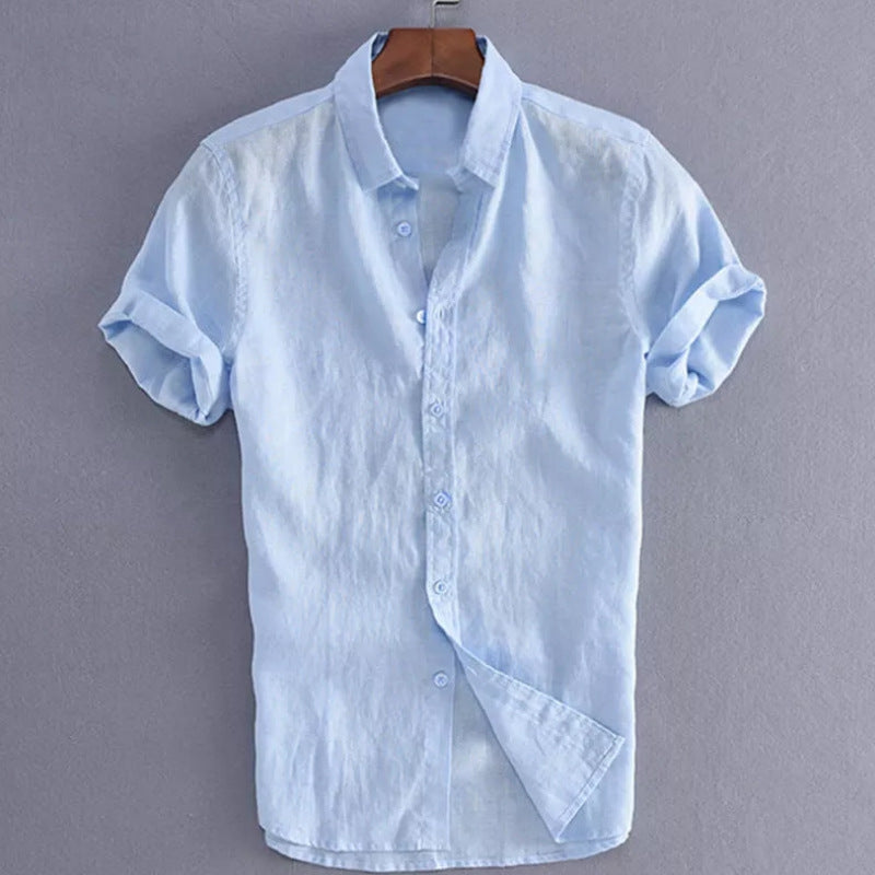 Men's Casual Short Sleeves Solid Color Cotton Shirt Blue