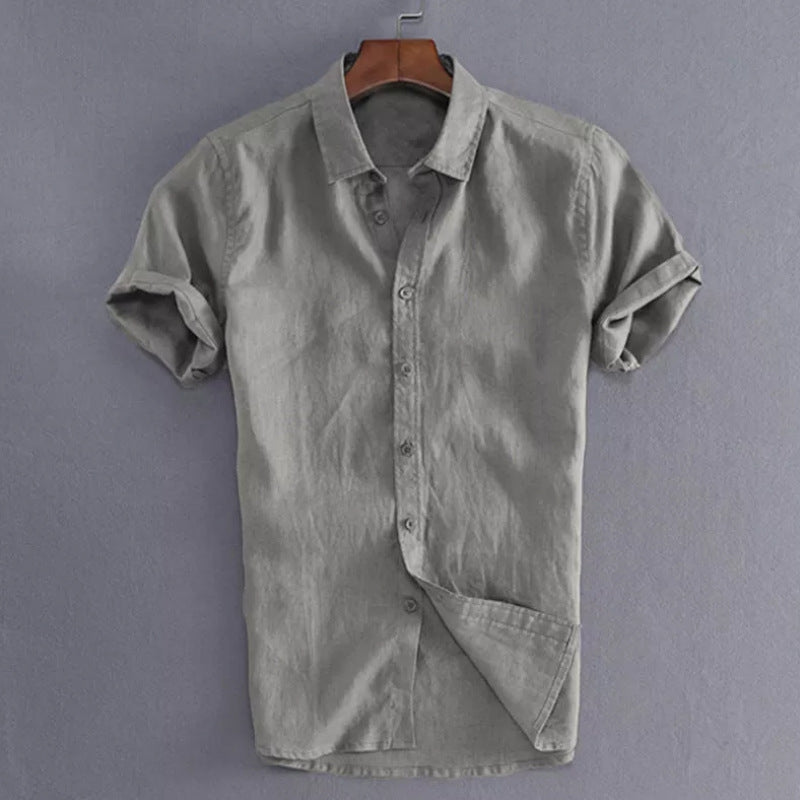 Men's Casual Short Sleeves Solid Color Cotton Shirt Gray