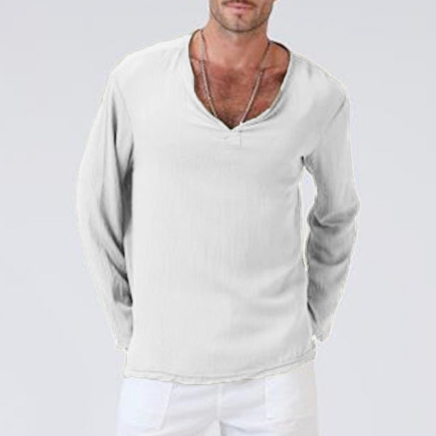 Men's Casual V-Neck Long Sleeves Solid Color Shirt White