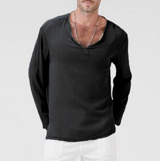 Men's Casual V-Neck Long Sleeves Solid Color Shirt Black