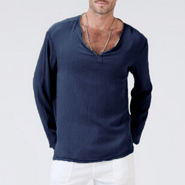 Men's Casual V-Neck Long Sleeves Solid Color Shirt Navy Blue