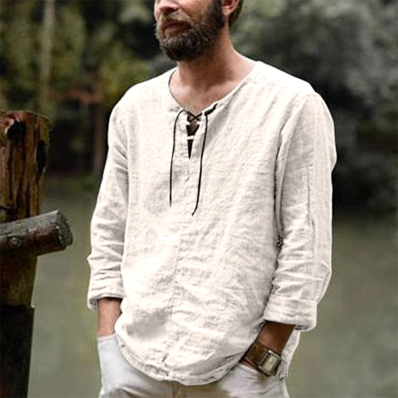 Men's Round Neck Casual Long Sleeves Solid Color Shirt Beige